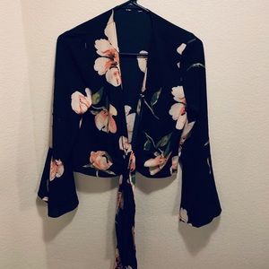 Black Floral Wrap Top